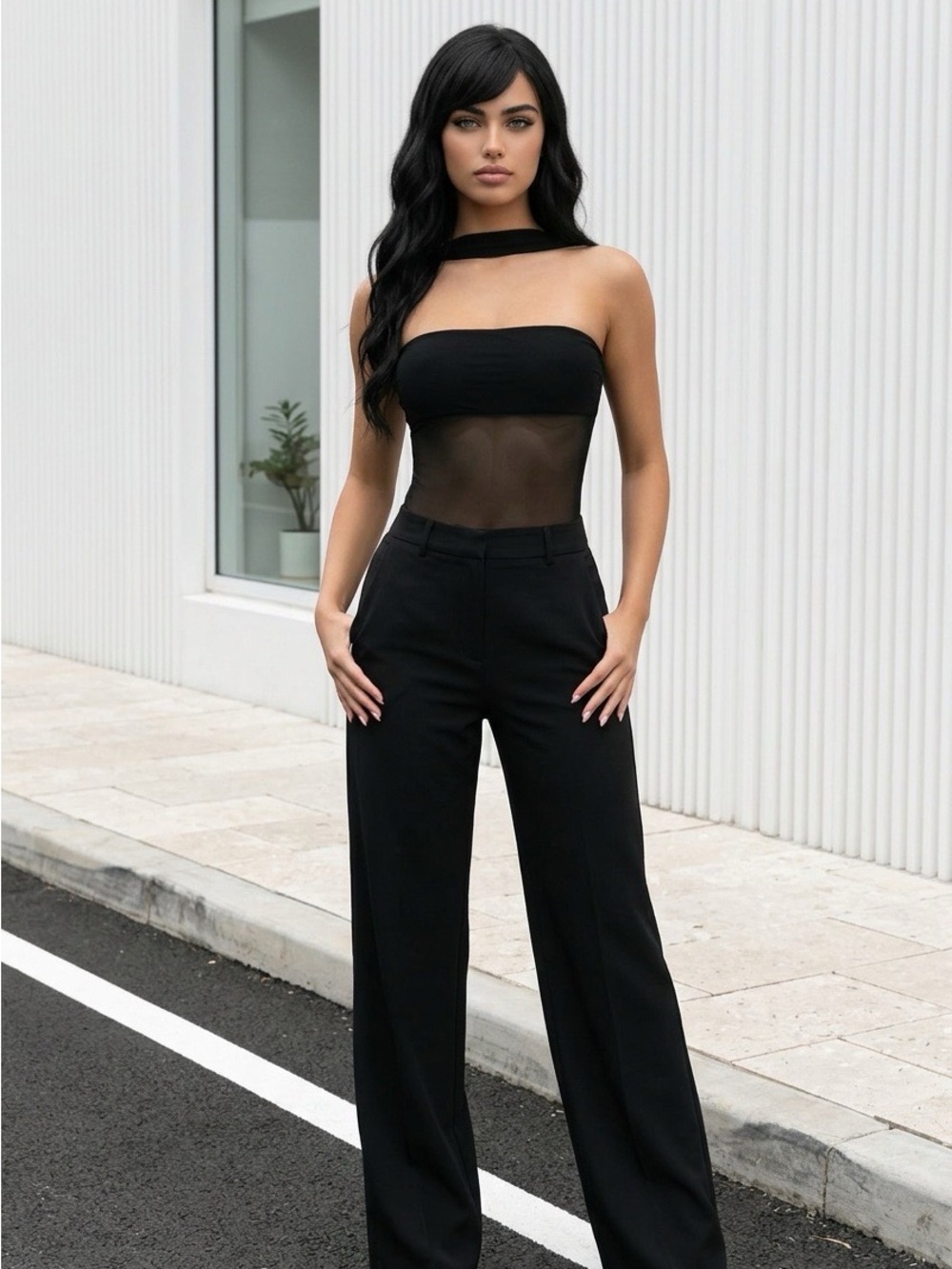 Black Halter Neck Bodysuit with Sheer Panel Women